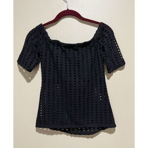 Kendall Kylie S Black Eyelet Mesh Shirt Square Neck Short Sleeve Stretch Blouse